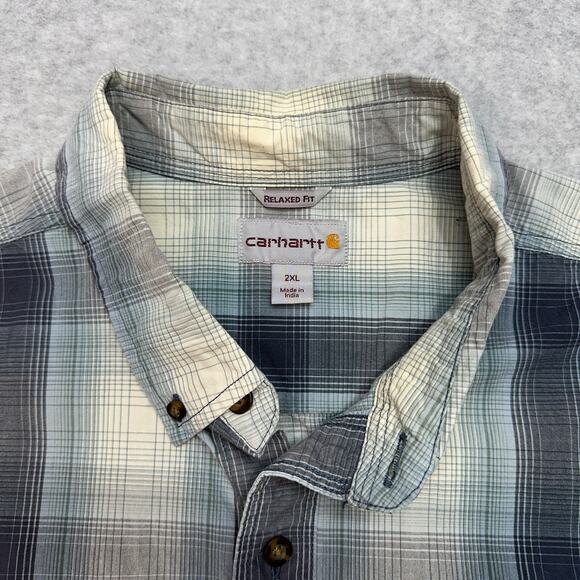 Carhartt Shirt Mens 2XL Relaxed Fit Button Up Blue Cream Plaid Casual Workwear - Picture 3 of 7